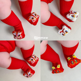 婴儿袜子冬季红色纯棉新生幼儿0-1岁男女宝宝满月周岁新年中筒袜