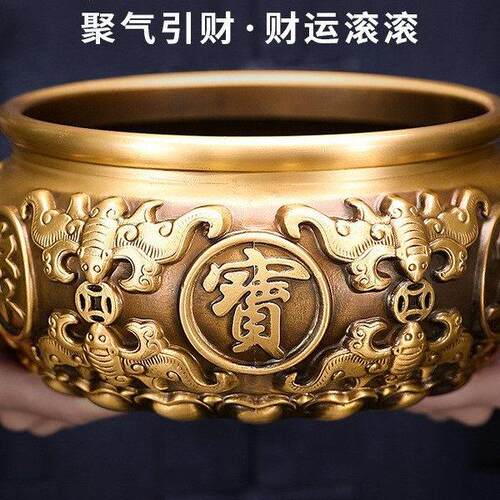 纯铜八福聚宝盆招财聚宝黄铜存钱缸玄关客厅店铺办公室桌面摆件