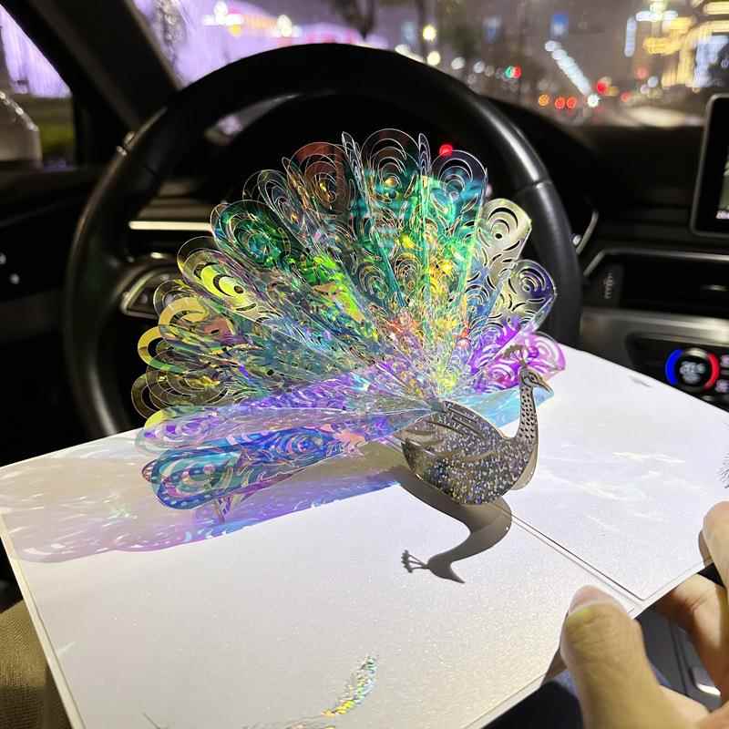 新款直销闪闪发光梦幻孔雀新款圣诞节贺卡 个性创意立体新年生日