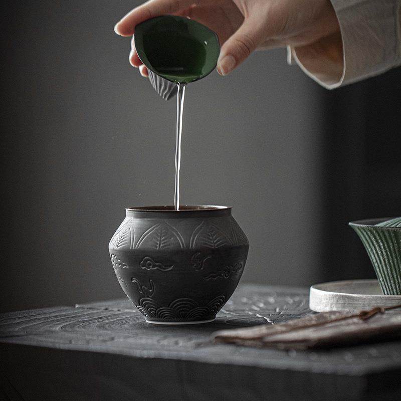 复古黄铜做旧暮年建水日式侘寂黝黑浮雕祥云茶洗茶道配件