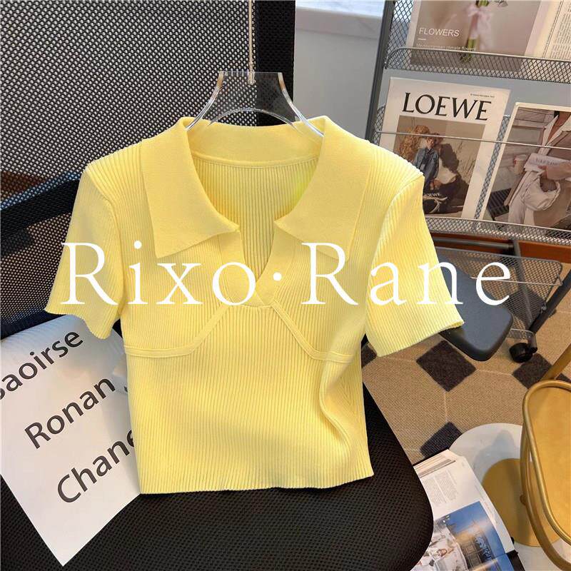 法国Rixo Rane小香风黄色Polo领短袖T恤女夏季新款高腰露脐短上衣