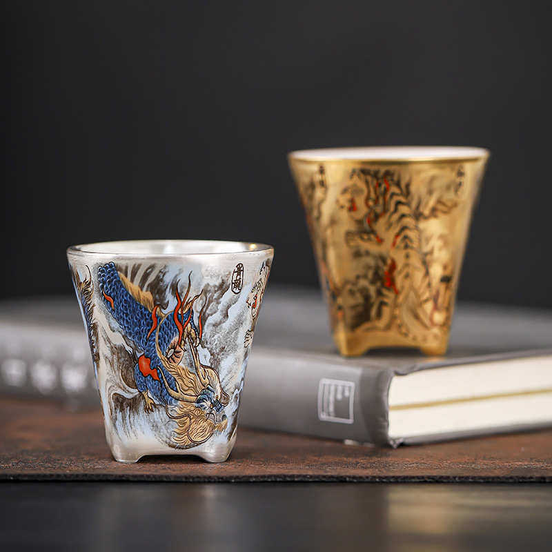 纯手工四大个人作画茶杯上银送礼大师专用金银杯子周鸿神兽杰主人