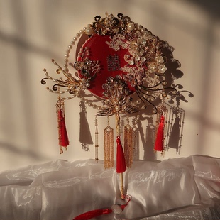 9JO中式 喜扇秀禾扇新娘结婚出嫁团扇双面古风长柄成品手工diy材料