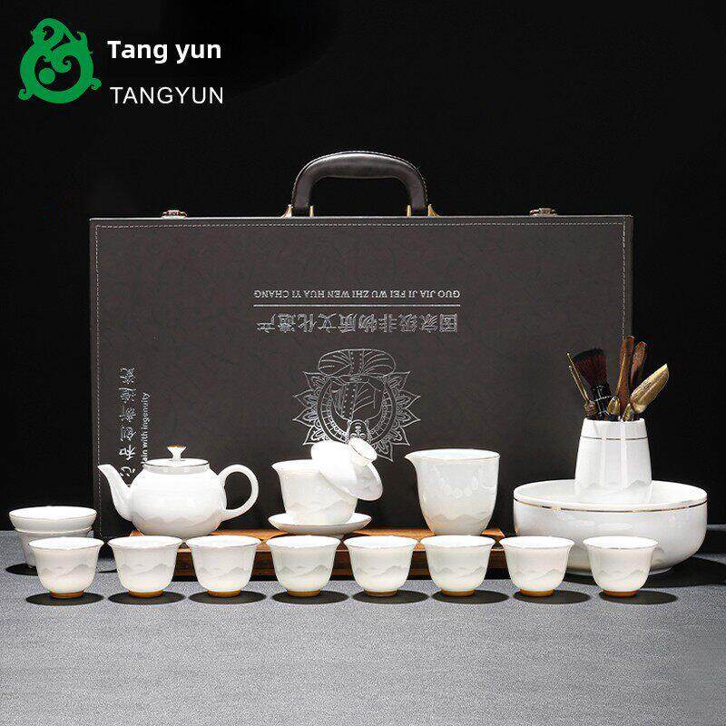 冰种羊脂玉白瓷茶具套装家用办公室陶瓷高档泡茶壶盖碗功夫礼盒装