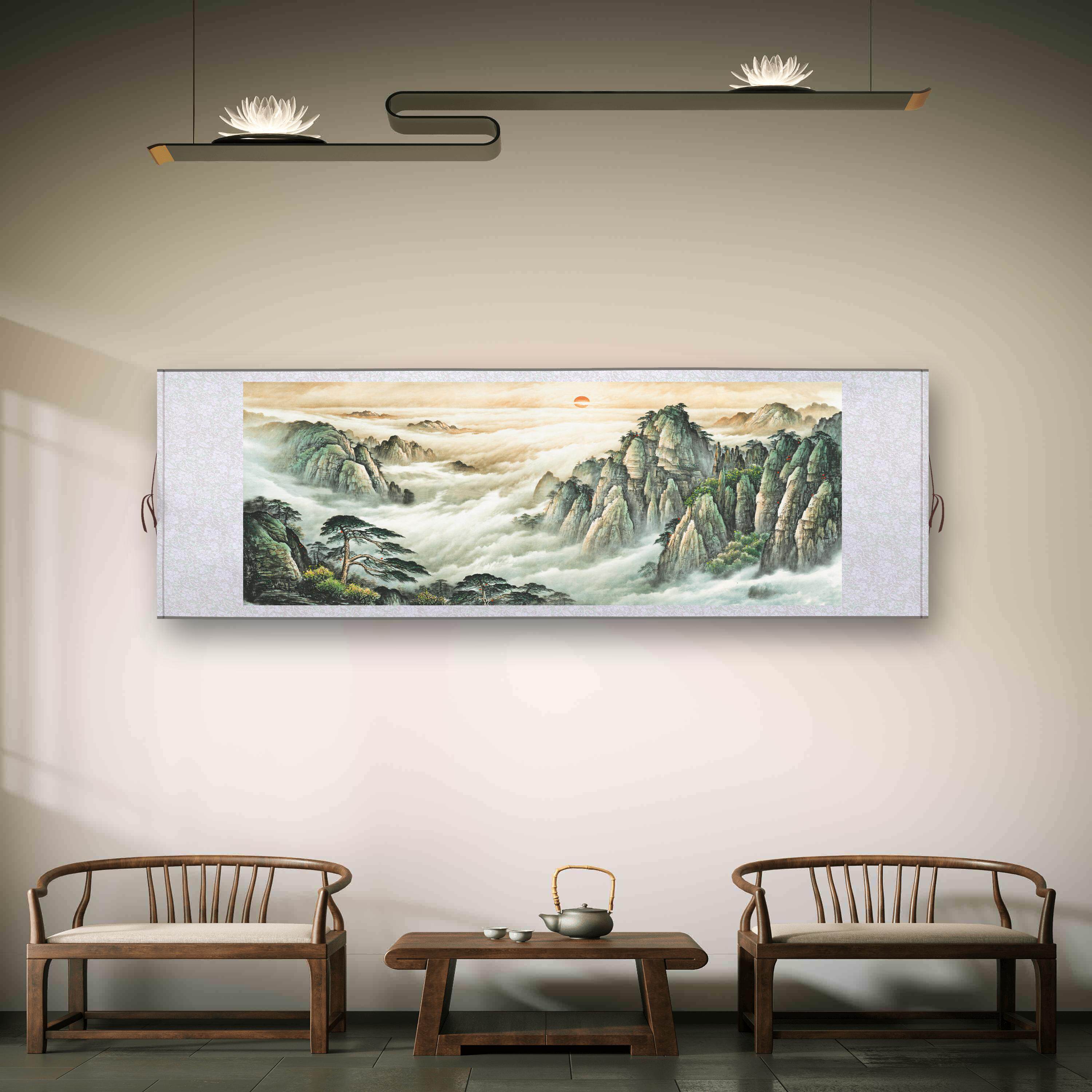 旭日东升国画挂轴 新中式客厅挂画 茶室山水装饰画