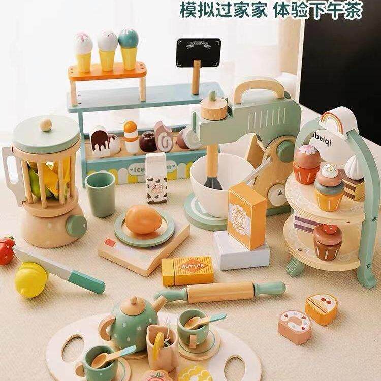 CE CPC木制儿童厨房玩具仿真蔬果萨拉咖啡面包机男女孩过家家套装