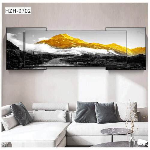 背靠金山画中画大气客厅装饰画商务酒店大厅壁画三联晶瓷叠加画