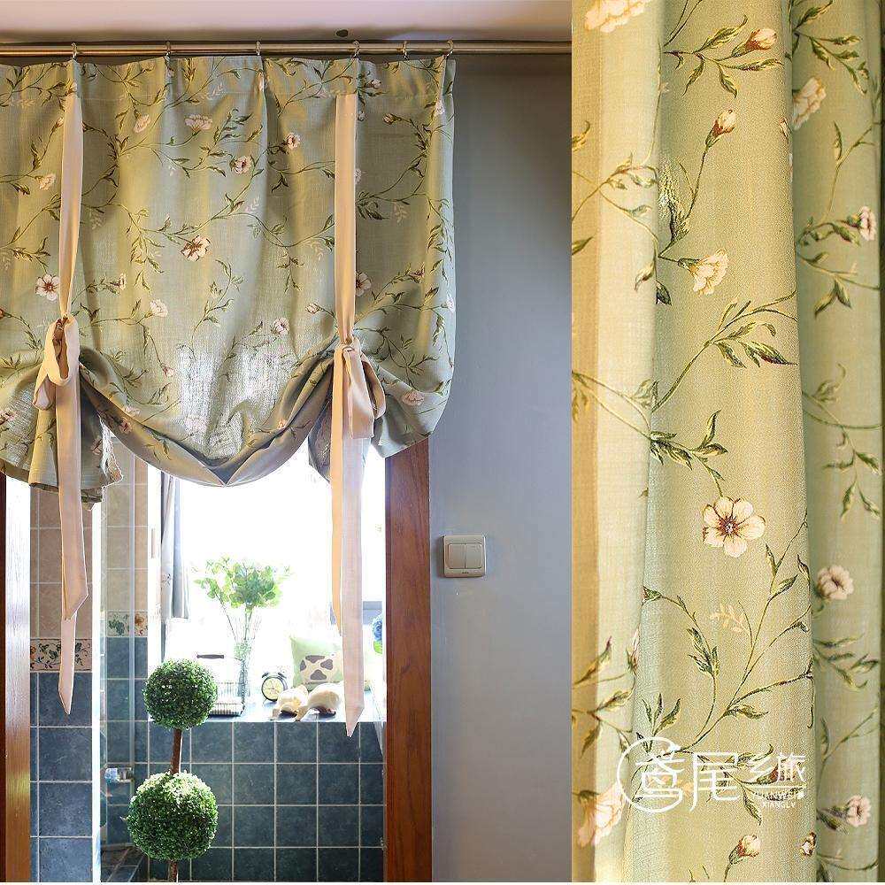美式乡村地中海复古绿底枝蔓提拉帘半帘窗帘