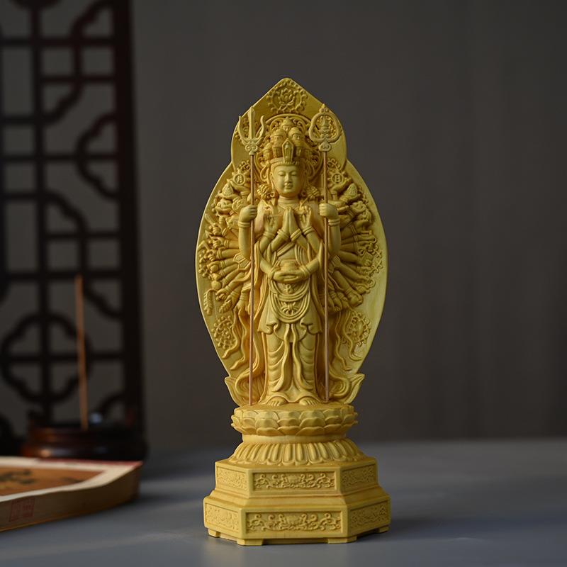 小叶黄杨木雕站佛千手观音家居供奉佛像供奉南海观世音菩萨摆件
