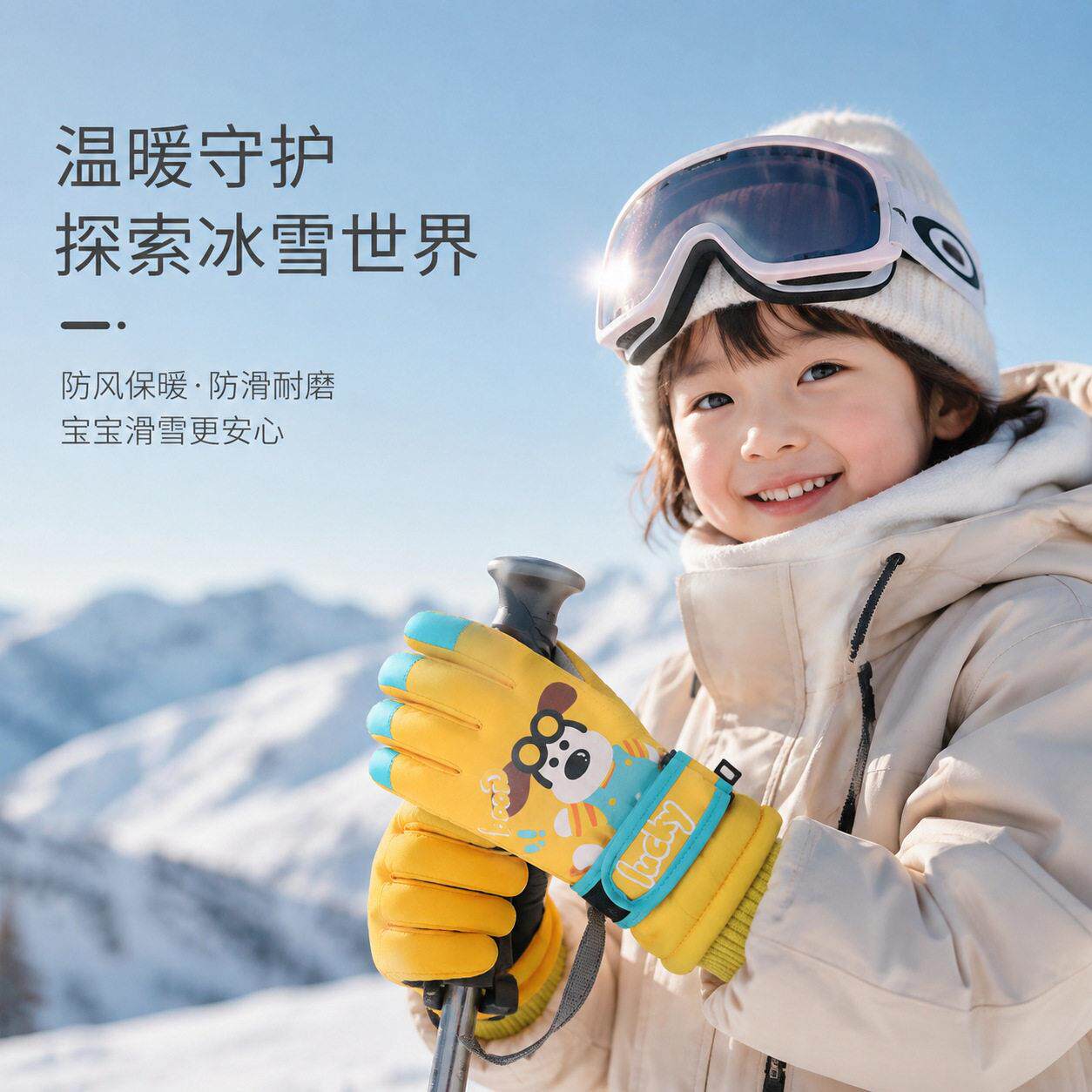 儿童滑雪手套冬季加绒加厚保暖防水防寒小狗卡通户外骑车防寒防水