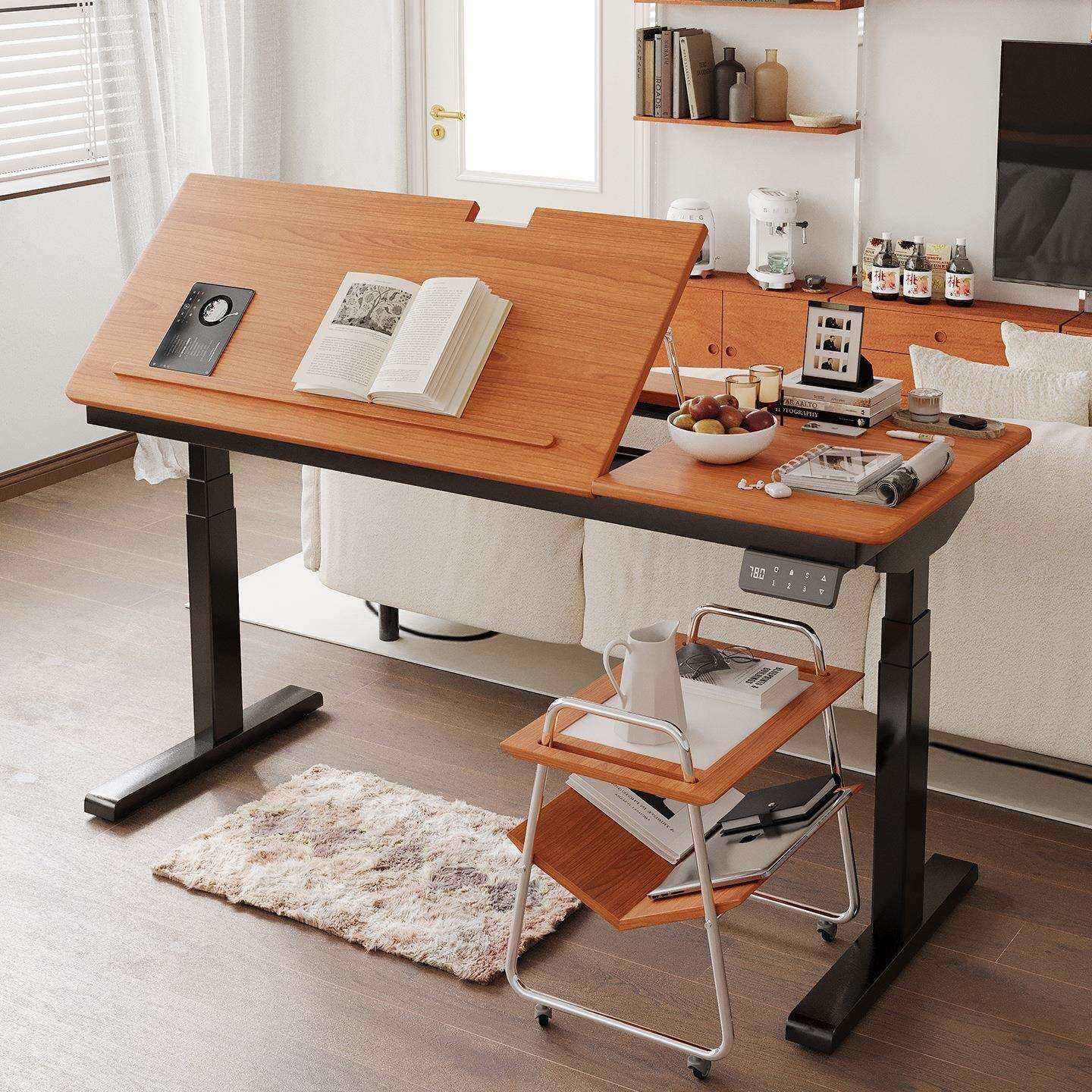 电动升降桌实木办公电脑桌小户型可倾斜书桌儿童学习桌家用书法桌