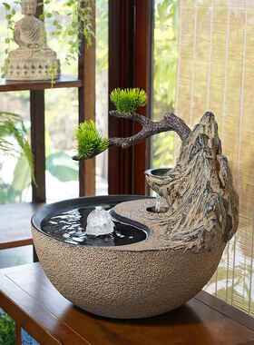 新中式桌面流水摆件室内家居客厅茶室电视柜禅意水景水晶球小景观