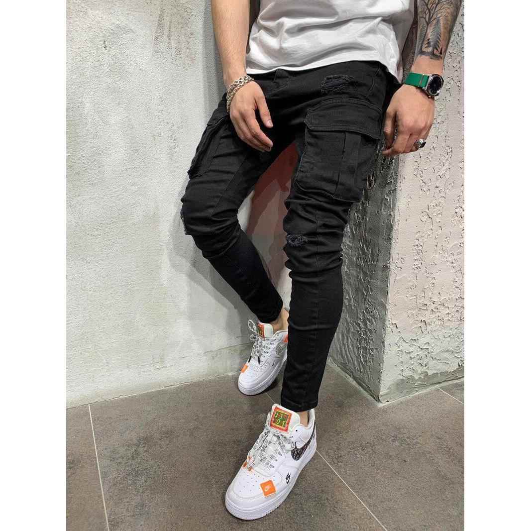 Mens Multi-Pocket Ripped Stretch Skinny Jeans Denim Overalls