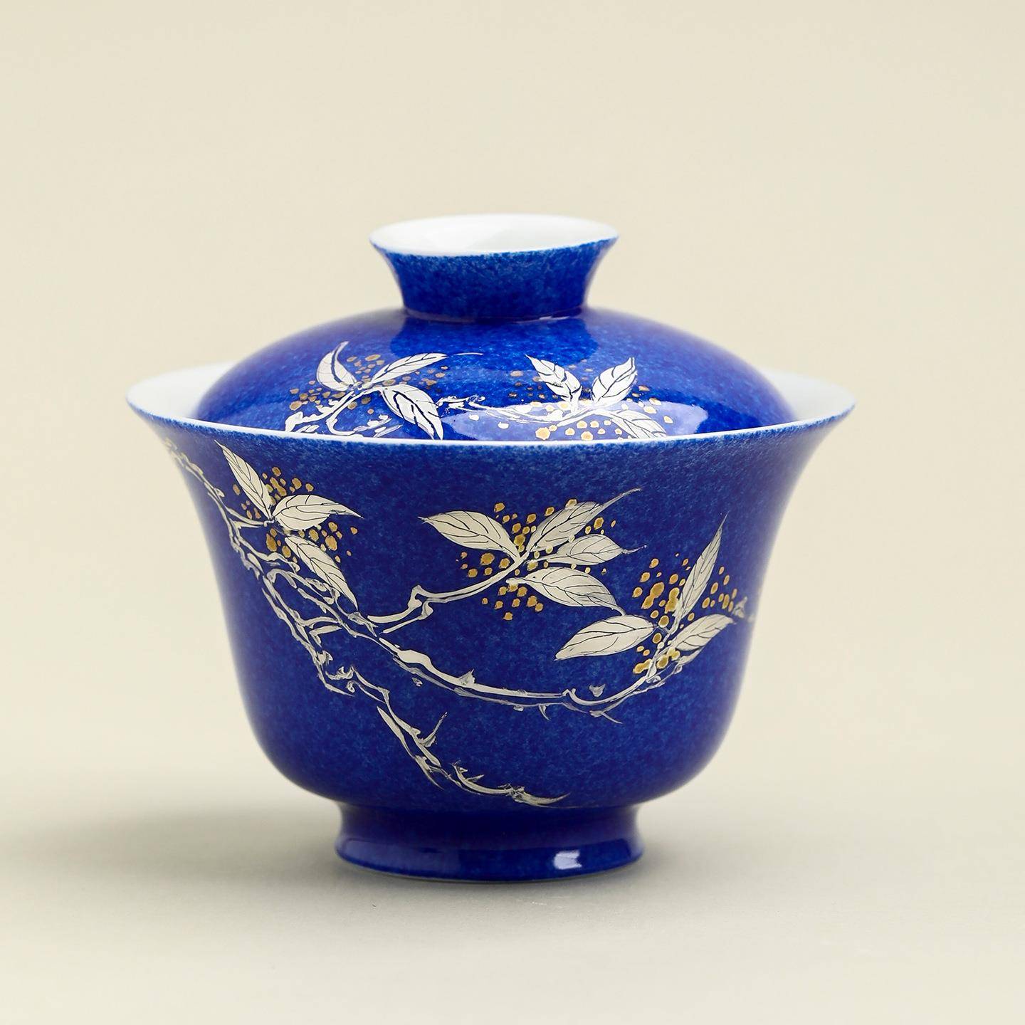 手绘洒蓝描银桂花盖碗陶瓷茶具一人独饮泡茶器中式高档不烫手茶碗图片