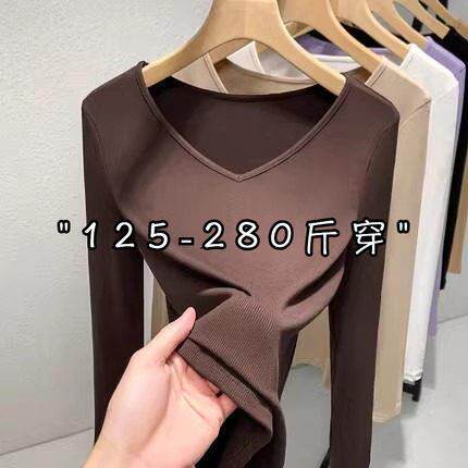 遮肚打底衫特大码春装新款260斤胖mm女装v领长袖t恤弹力内搭上衣
