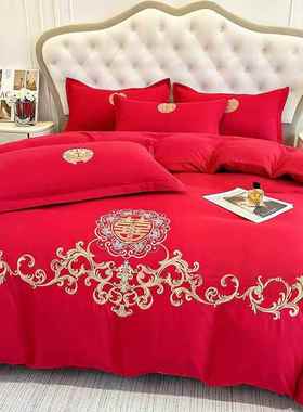 结婚高档龙凤刺绣PRE床庆四件套床新婚红色婚单上用品被套纯色陪