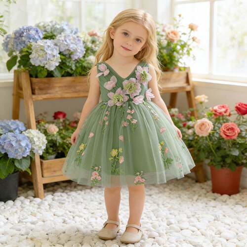 baby girl green dress flower embroidery sleeveless v neck