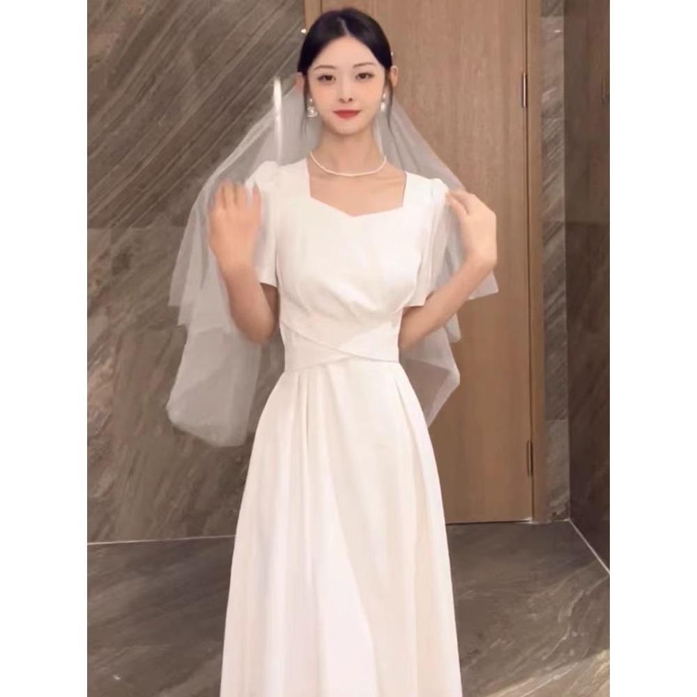 欧洲站洋装女装高级感初恋领证登记小白裙轻奢小众订婚礼服长裙