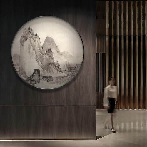 新中式圆形装饰画软装样板房客厅入户玄关背景墙山水大气发光挂画