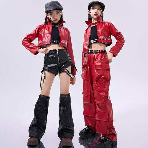 女童爵士舞潮酷时髦儿童走秀服女团风红色皮衣jazz舞蹈演出服套装