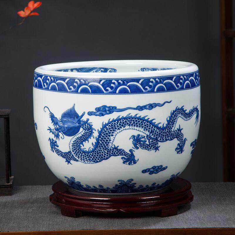 景德镇陶瓷器青花双龙戏珠聚宝盆金鱼缸风水玄关开 业摆件 书画