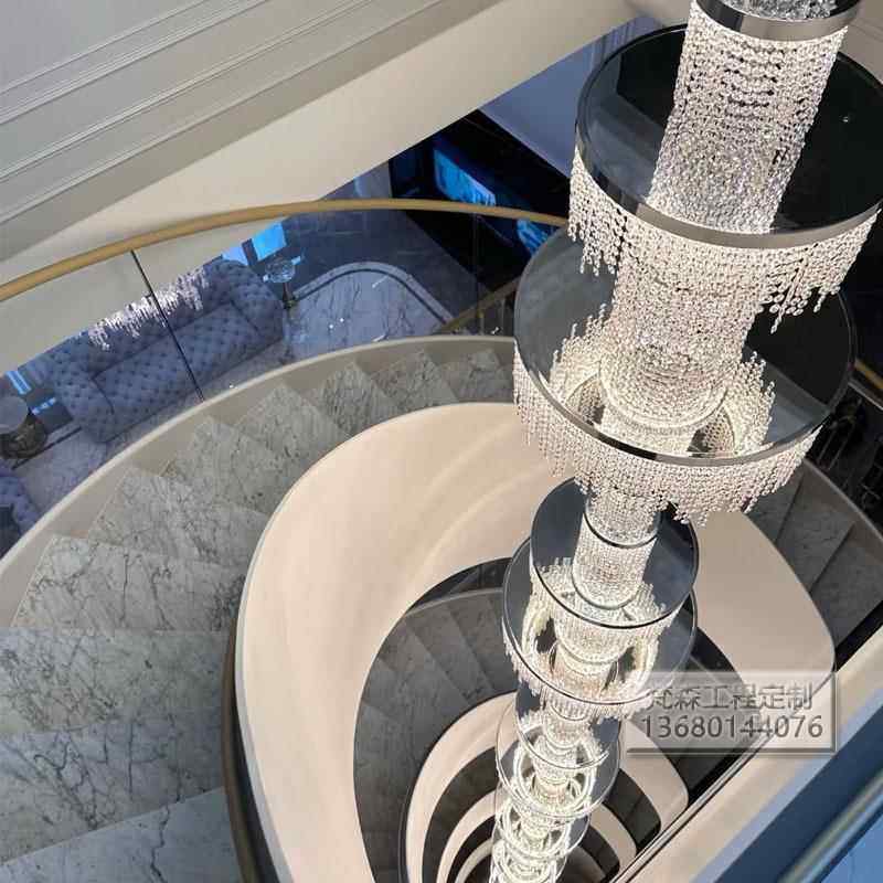 楼梯吊灯豪华别墅复式楼灯水晶帘灯具旋转楼梯间吊灯水晶柱长吊灯