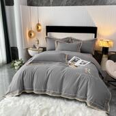 160支长绒棉磨毛四件套轻奢风简约刺绣全棉纯棉床单被套床上用品