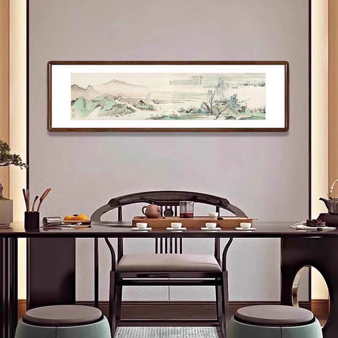 吴湖帆采莲图国画青绿山水画客厅装饰画办公室茶室沙发背景墙挂画