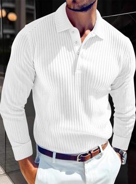 Men's Elastic Vertical Striped Long Sleeve Polo Shirt