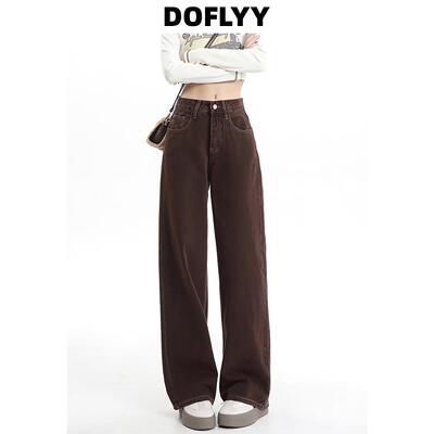 DOFLYY美式咖啡色阔腿牛仔裤女2024春夏新款美拉德高腰直筒拖地裤