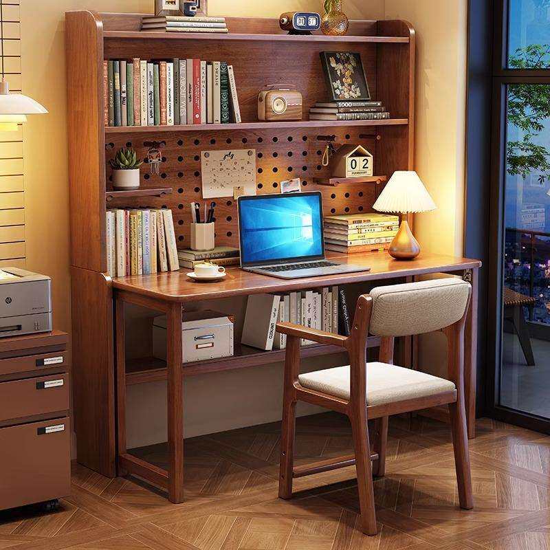 实木书桌书架一体桌家用洞洞板学习桌可折叠伸缩电脑桌卧室办公桌