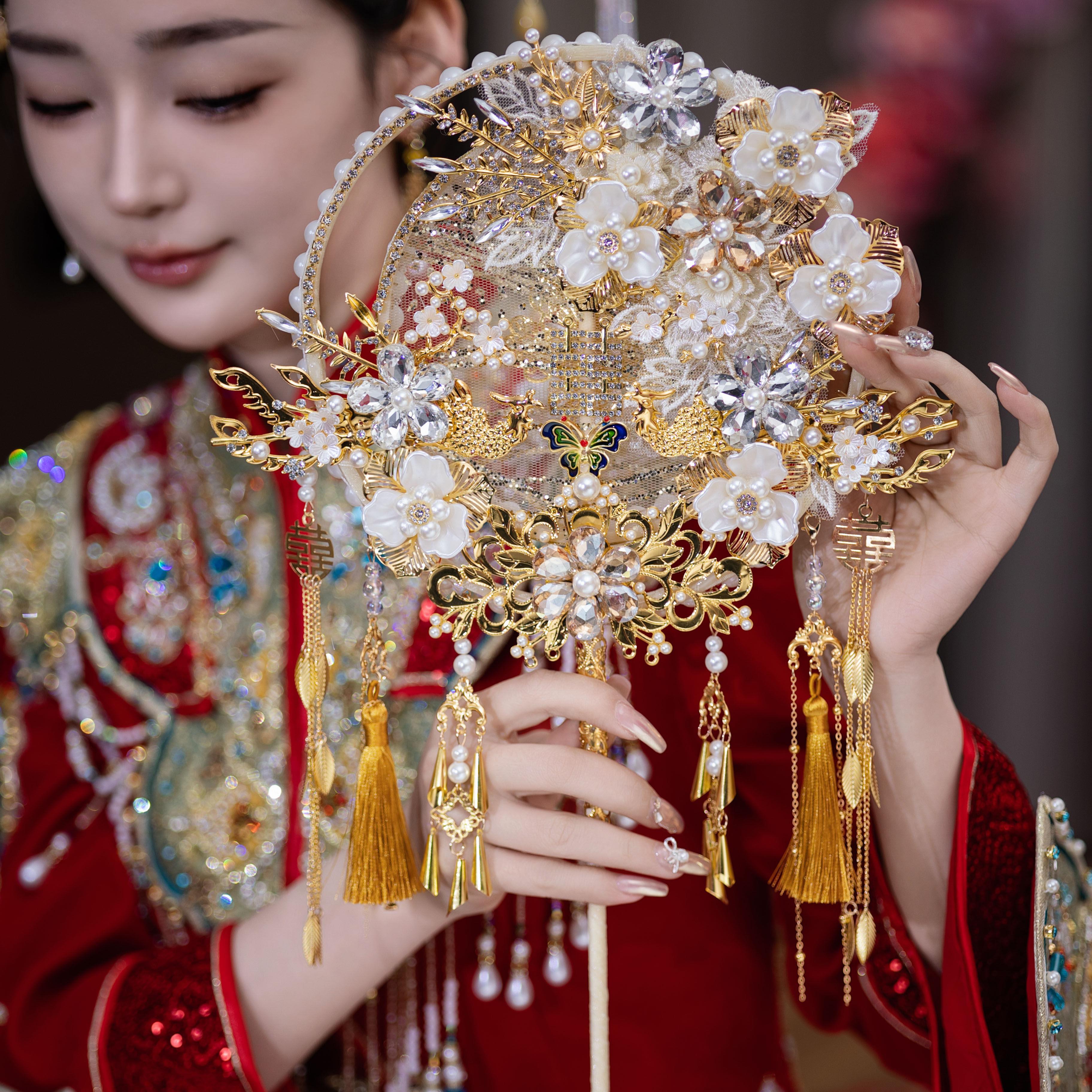 闺蜜婚礼送新娘结婚中式秀禾团扇古风双面遮面香槟色成品手工团扇