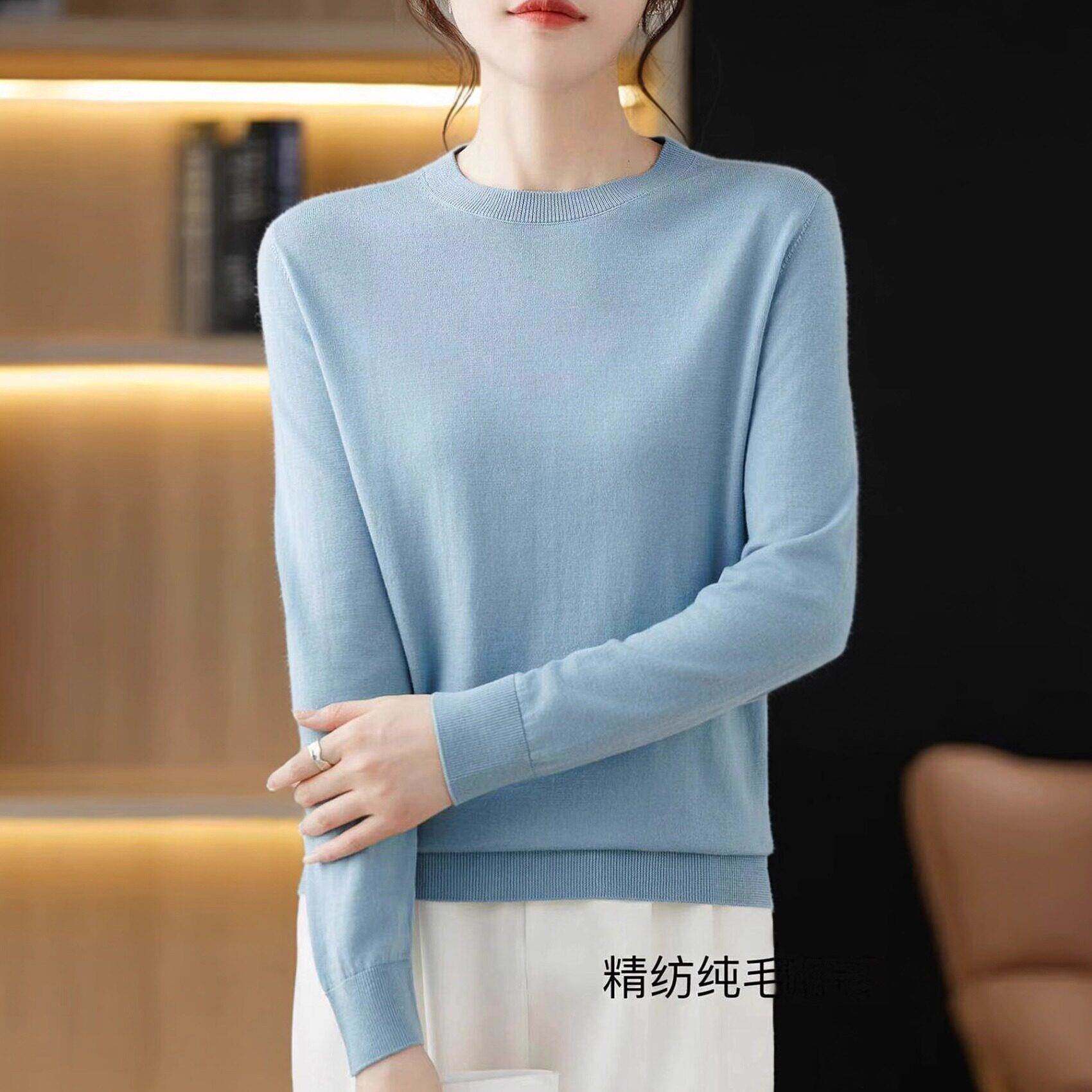 澳洲精纺纯羊毛衫女薄款2026春季宽松圆领通勤风内搭针织打底毛衣