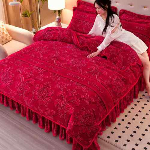高档冬加季厚经牛奶绒四件瑚套法兰珊绒典格床裙被套双面保暖床上