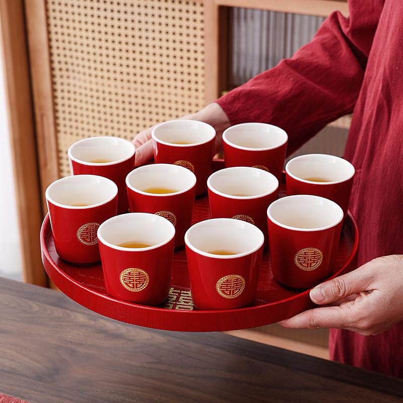 结婚陶瓷单杯敬茶杯茶具中式红色喜杯子新娘敬酒杯子茶杯托盘套装