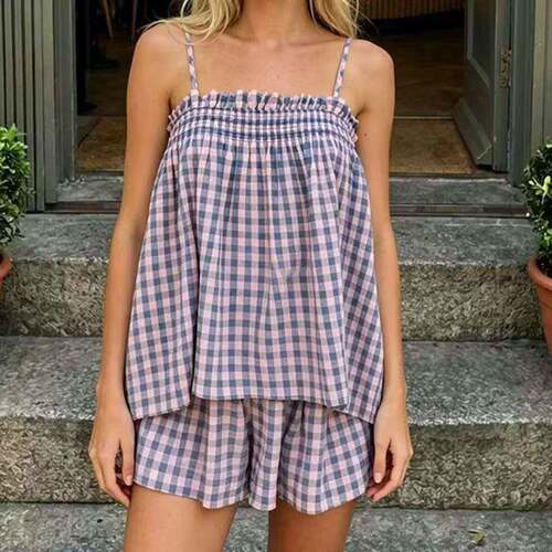 Women 2 Piece Lounge Set Sleeveless Striped Cami Peplum Top