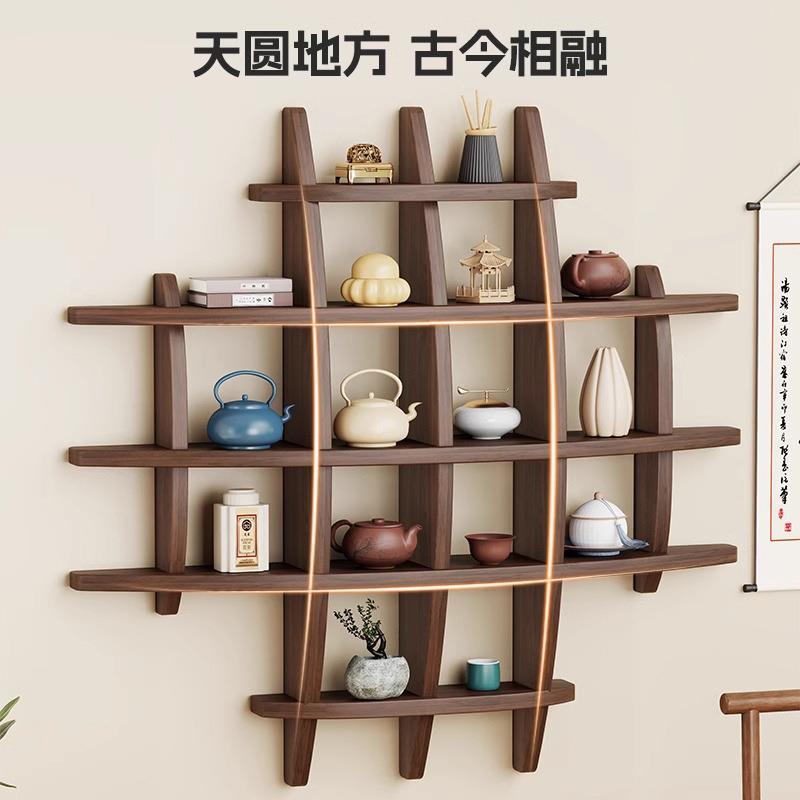 壁挂式博古架实木中式挂墙置物架墙上多宝格置物架茶杯展示收纳架