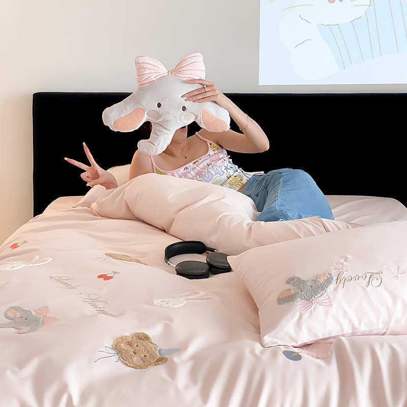 四季可爱棉件套100s全清新长绒棉四小少女款被套磨毛粉色卡通心