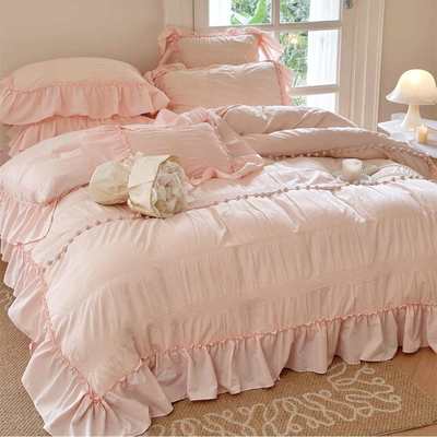 版柔软b边版心韩式水洗皱可可被套件套荷叶床上用品棉少女a四花卉