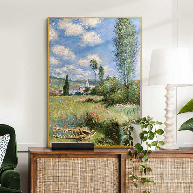 手绘油画玄关装饰画莫奈风景挂画新印象派名家画竖版大幅过道壁画