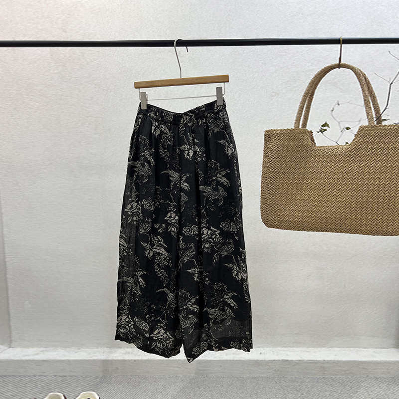 一七然民族风中式印花春季新品宽松显瘦自然腰双层休闲苎麻阔腿裤