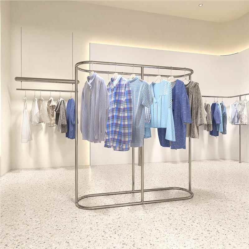 服装店中不锈钢中衣架落地衣架椭形圆中岛架简约挂双排不锈岛钢展