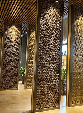 酒店大堂壁画铝板浮雕金属屏风 仿古铜金属雕花镂空隔断花格装饰
