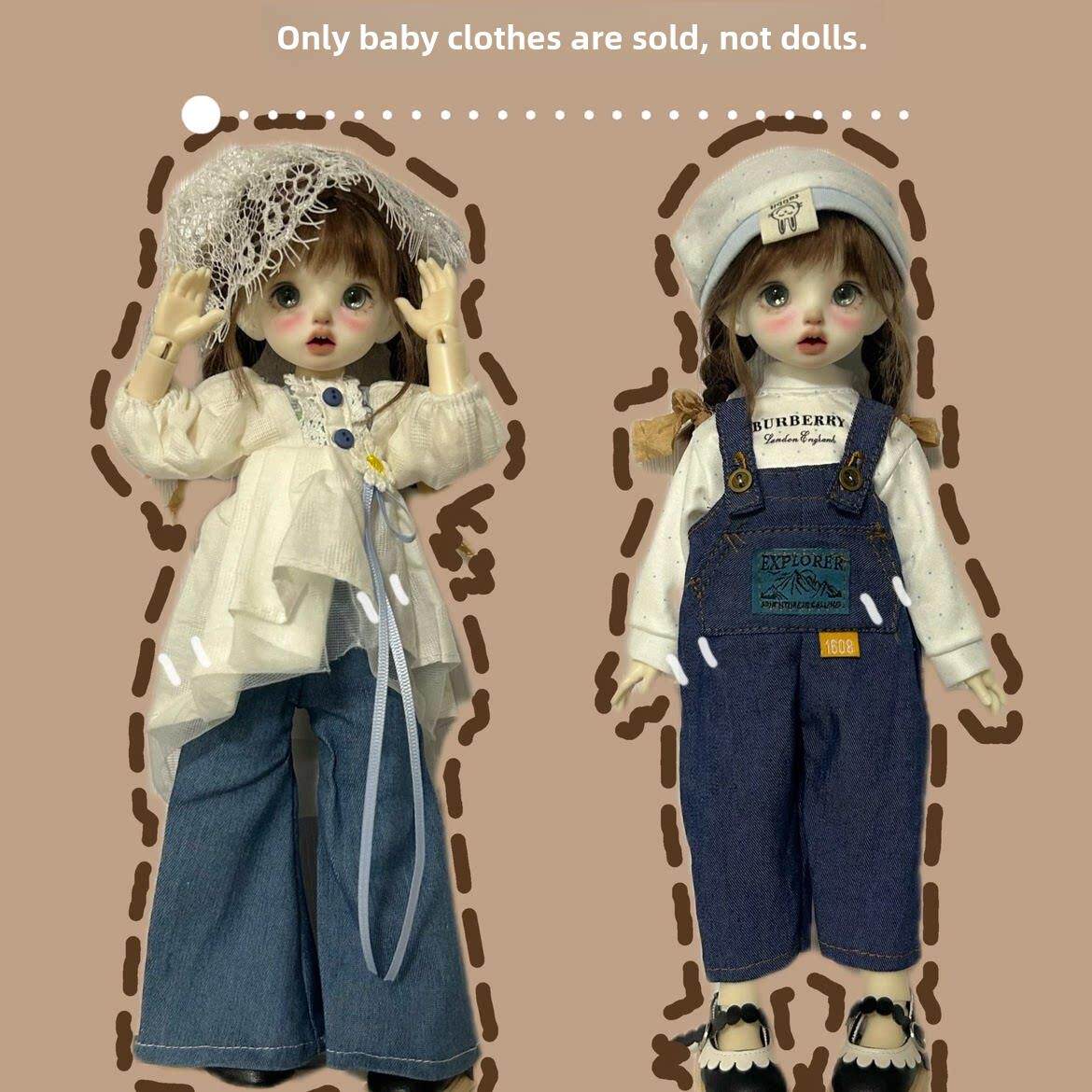 bjd6分娃衣套装休闲背带牛仔裤白色上衣帽子30cm胖体娃娃衣服换装