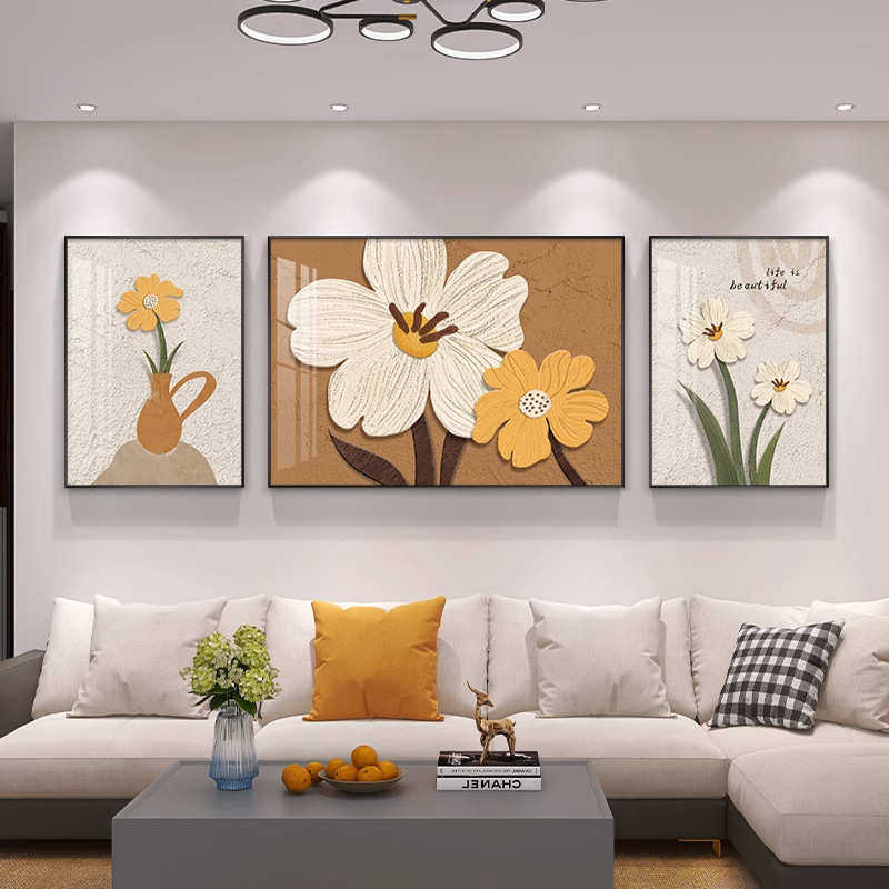 奶油风客厅装饰画现代花卉肌理三联画壁画北欧轻奢沙发背景墙挂画