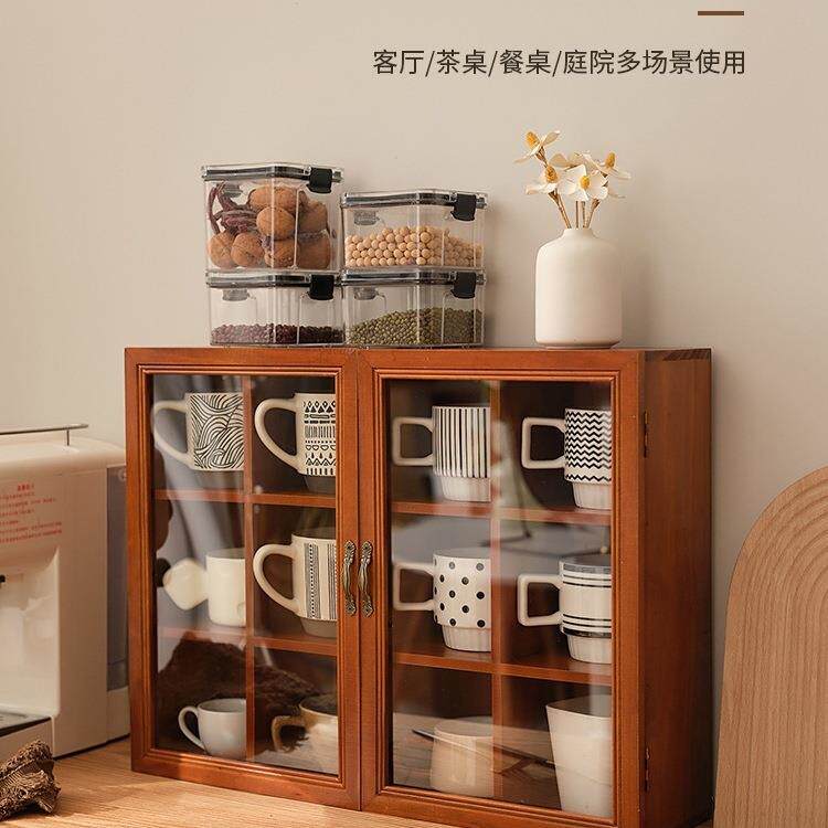 实木复古桌面杯子收纳柜家用餐厅茶具收纳盒防尘马克杯古玩展示架