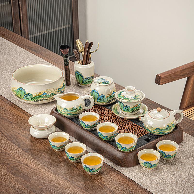 中式米黄汝窑冰裂釉茶具套装茶壶茶杯功夫盖碗家用会客泡茶盘全套