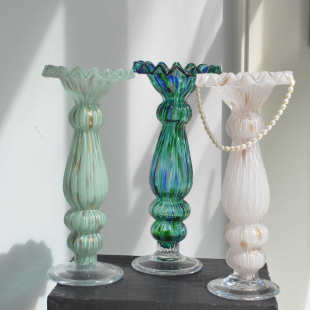 欣可家居欧式中古烛台玻璃花瓶高级感桌面装饰摆件小号轻奢花器