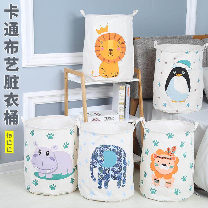 棉麻卡通布艺脏衣篓 可折叠防水脏衣篮圆形布艺收纳桶
