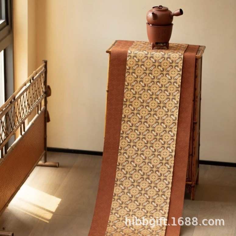 知舍新品八宝团窠纹茶席套装 复古中式茶桌台布双面禅意布艺桌旗